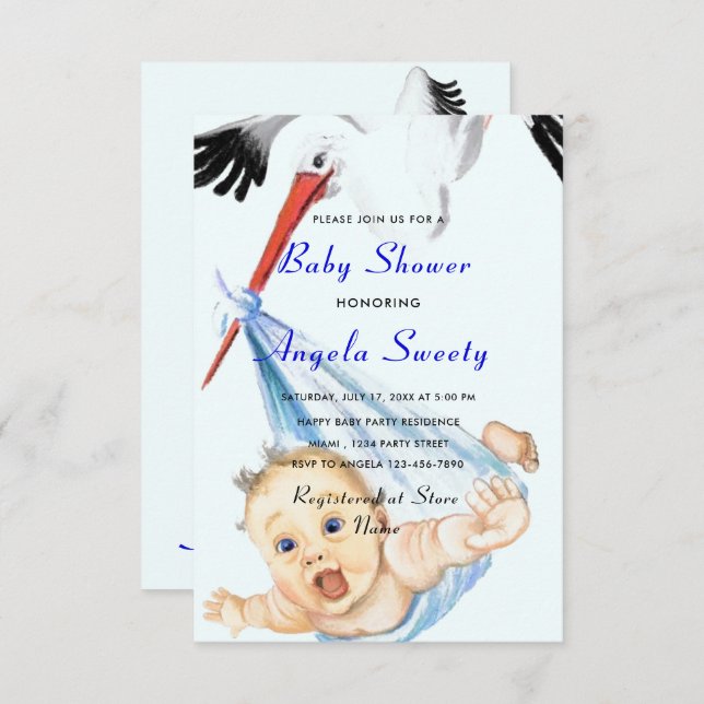 It's a Boy Shower Invitation Stork Carrying Baby (Front/Back)