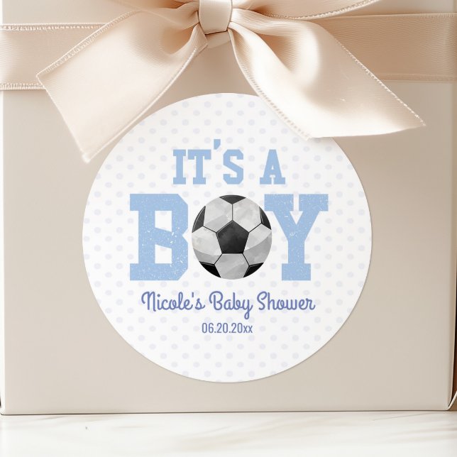 It's A Boy! Soccer Ball Baby Shower Party Favour Classic Round Sticker (Creator Uploaded)
