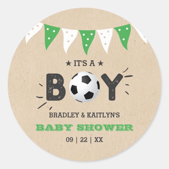 It's A Boy! Soccer Themed Co-ed Baby Shower Classic Round Sticker (Front)