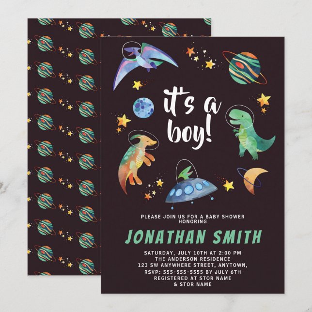 It's a Boy Space Dinosaur Galaxy Baby Shower Party Invitation (Front/Back)
