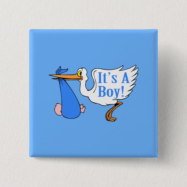 It's A Boy! (Stork And Baby Bundle) 2 Inch Square Button (Front)