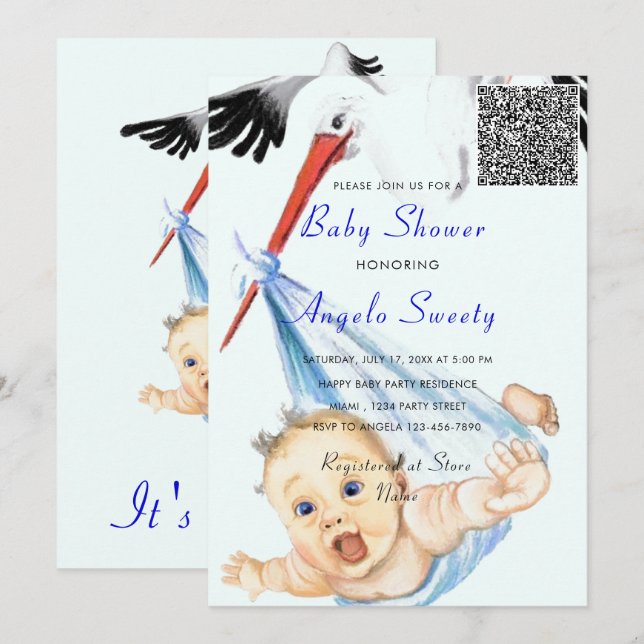 It's a Boy Stork Baby QR Code Shower Invitation (Front/Back)