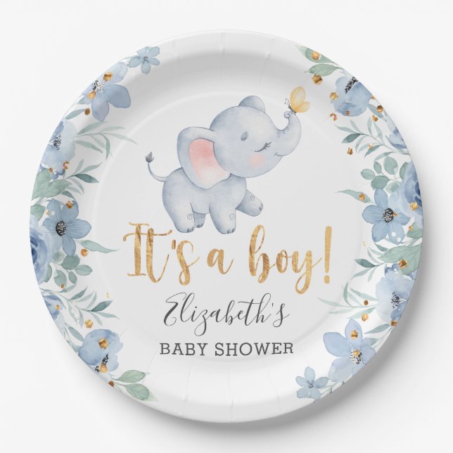 It's a Boy! Sweet Elephant Baby Shower Party  Paper Plate (Front)
