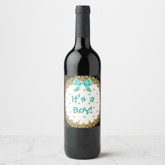 Its a boy teal and gold" Wine Bottle Labels (Front)