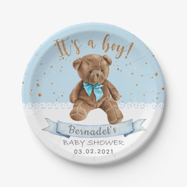It's a boy! Teddy Bear Baby Shower Paper Plate (Front)