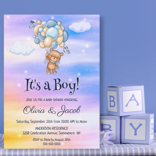 It's a Boy! Teddy Bear Blue Balloons Baby Shower Invitation (Creator Uploaded)