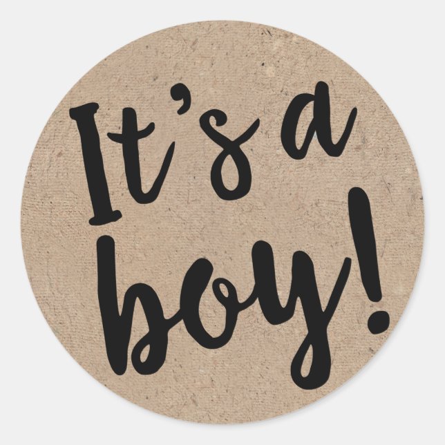 It's A Boy Trendy Script on Kraft Style Classic Round Sticker (Front)