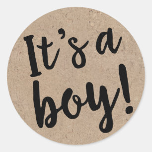 It's A Boy Trendy Script on Kraft Style Classic Round Sticker