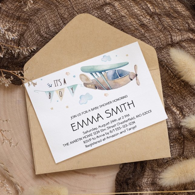 It's a Boy Watercolor Airplane Baby Boy Shower Invitation (Creator Uploaded)