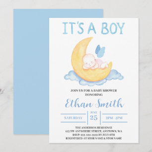It's a Boy Watercolor Baby Boy On Moon Baby Shower Invitation