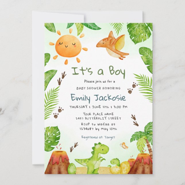 it's a boy watercolor Dinosaur Greenery Boy Baby  Invitation (Front)