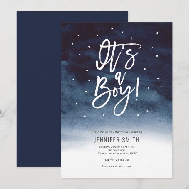 Its a boy, watercolor, winter baby shower invitation (Front/Back)