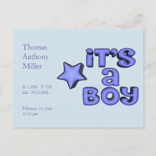 It's A Boy With Puffy 3D Blue Star Announcement Postcard
