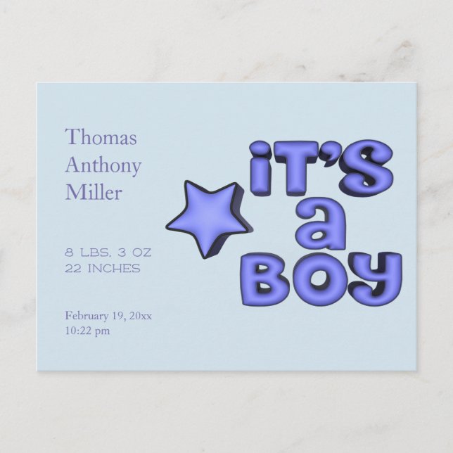 It's A Boy With Puffy 3D Blue Star Announcement Postcard (Front)