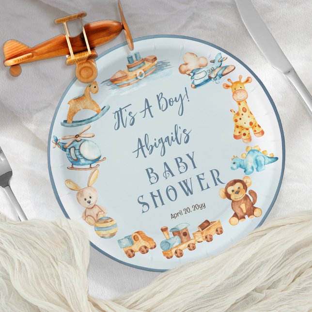 It's A Boy Wooden | Stuffed Toys Baby Shower Paper Plate (Creator Uploaded)