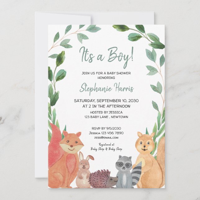 It's A Boy Woodland Animals Baby Shower  Invitation (Front)