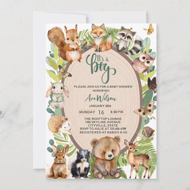 it's a boy woodland animals forest baby shower invitation (Front)