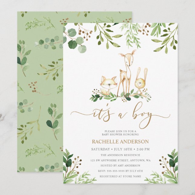 It's a Boy Woodland Animals Greenery Baby Shower Invitation (Front/Back)