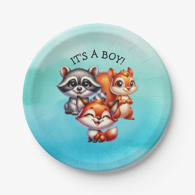 It's a Boy | Woodland Creatures Baby Shower Paper Plate (Front)