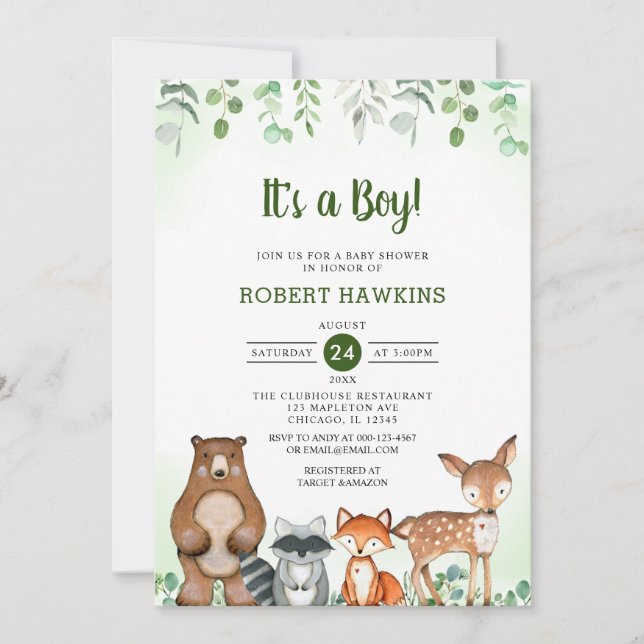 It's A Boy Woodland Forest Animals baby shower Invitation (Front)
