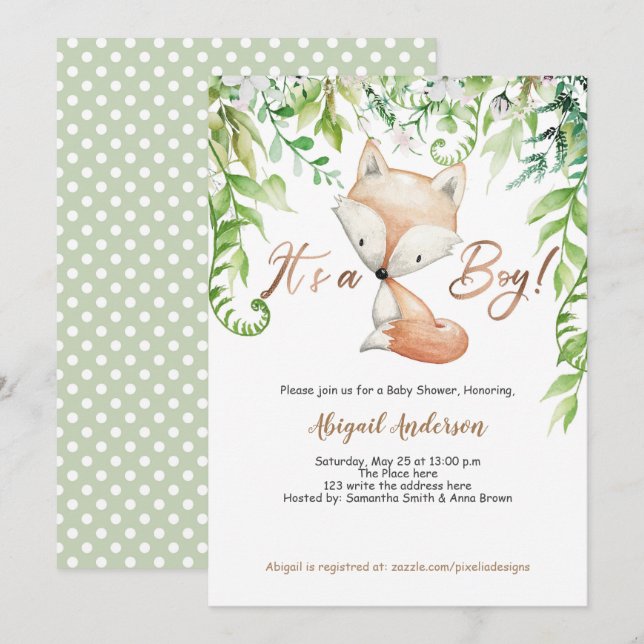 Its a Boy, Woodland fox, Greenery, Rose gold Invitation (Front/Back)