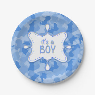 It's a boy word art camo baby shower paper plate