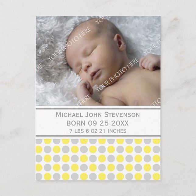 It's a Boy Yellow Grey Dots New Baby Announcement (Front)