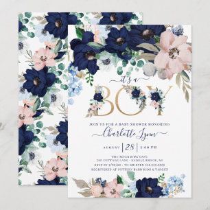 It's A BoyNavy Blue & Blush Floral Baby Shower Invitation