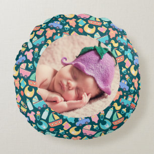 It's a Colourful Baby Shower Dark Personalized Round Pillow