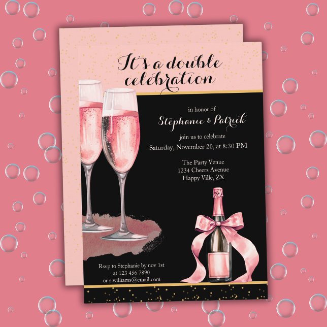 It's a Double Celebration Black Champagne Birthday Invitation (Creator Uploaded)