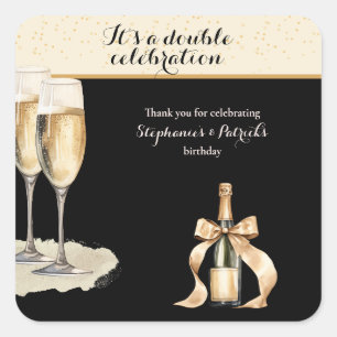 It's a Double Celebration Black Champagne Birthday Square Sticker