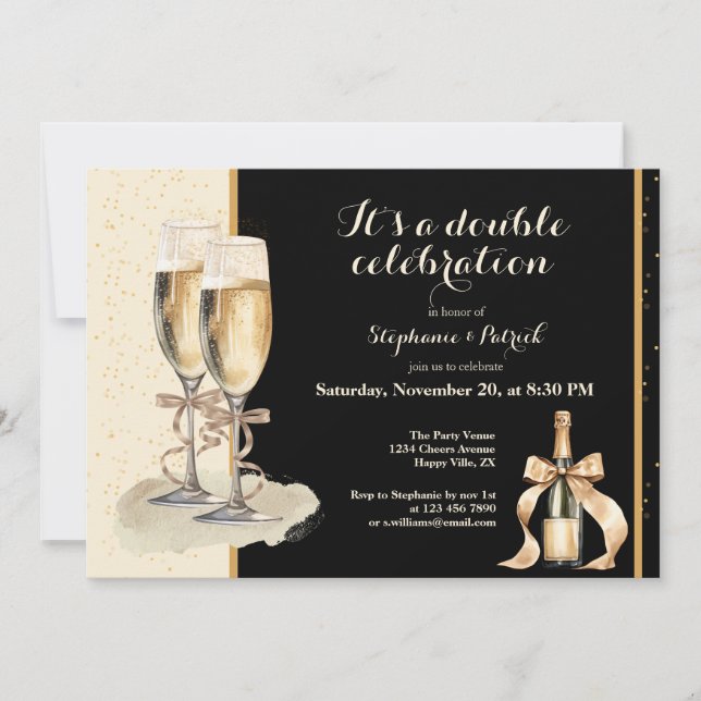 It's a Double Celebration Gold Champagne Party Invitation (Front)
