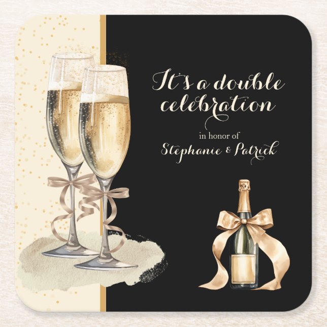 It's a Double Celebration Gold Champagne Party Square Paper Coaster (Front)