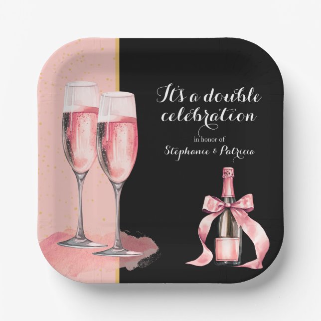 It's a Double Celebration Pink Champagne Birthday Paper Plate (Front)