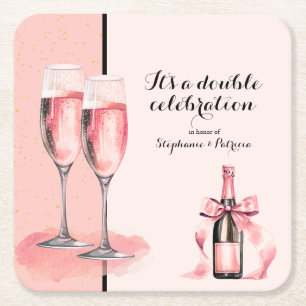 It's a Double Celebration Pink Champagne Birthday Square Paper Coaster