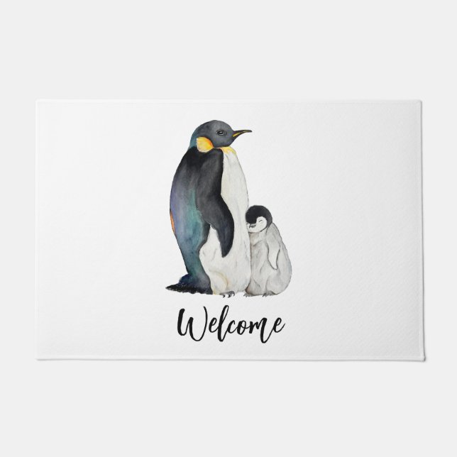 It's a family of penguins watercolor drawing doormat (Front)