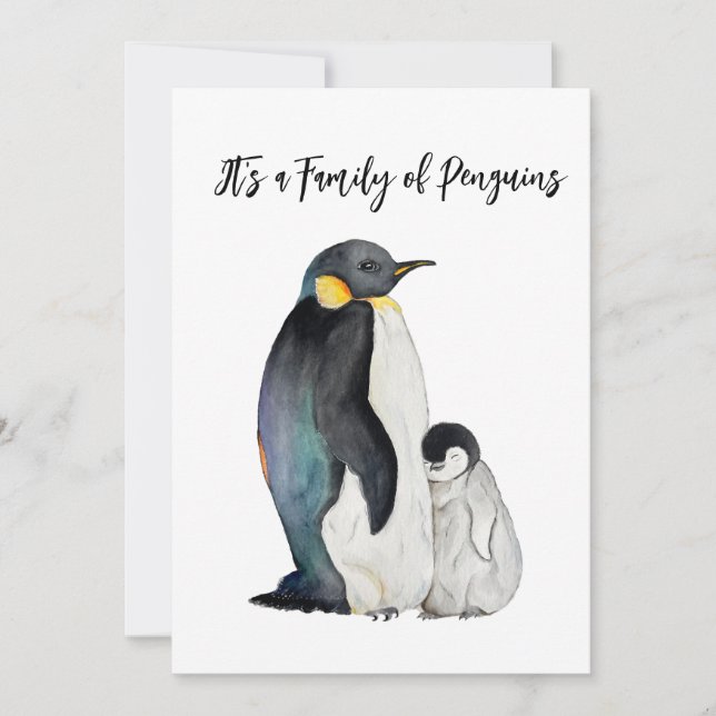 It's a family of penguins watercolor drawing invitation (Front)