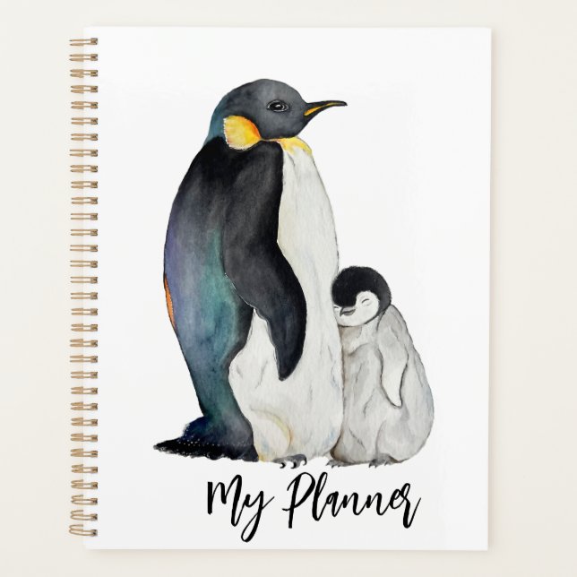 It's a family of penguins watercolor drawing planner (Front)