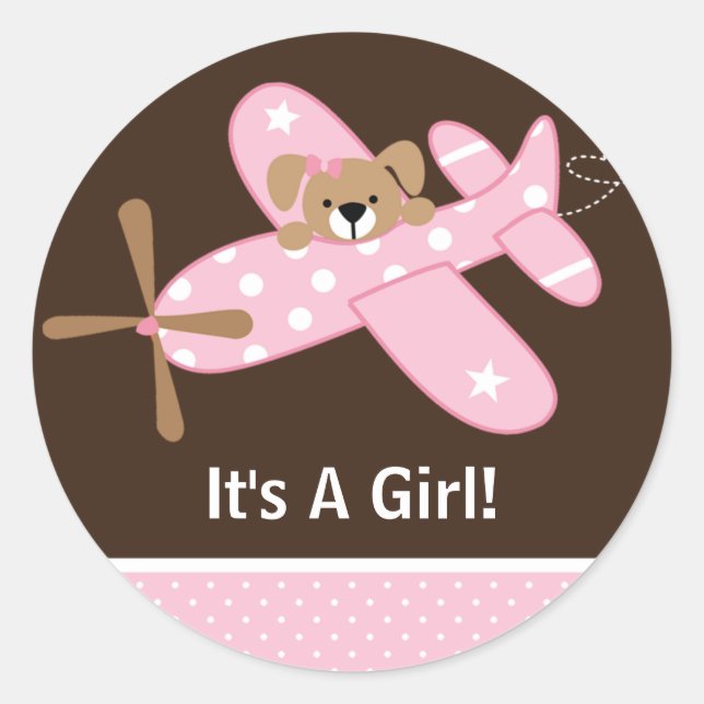 It's A Girl Airplane Baby Birth Announcement Classic Round Sticker (Front)