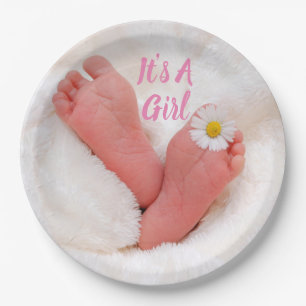 It's A Girl Baby Feet with Daisy  Paper Plate