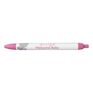 It's A Girl Baby Rattle Pink Star Bow Announcement Black Ink Pen