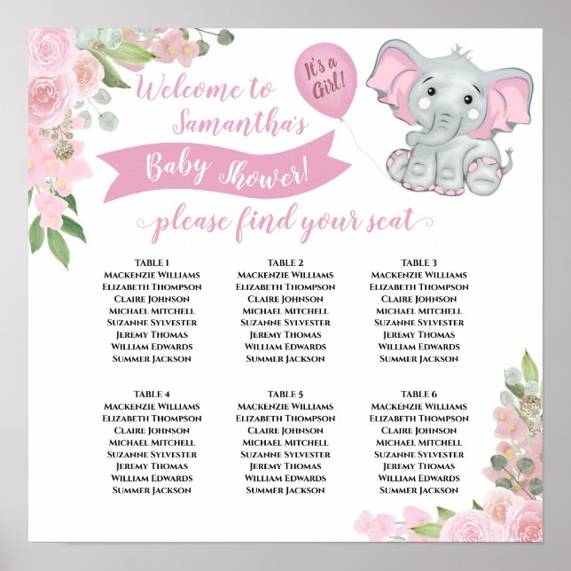 It's a Girl! Baby Shower 6 Table Seating Chart (Front)