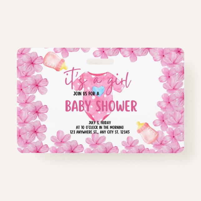 its a girl baby shower badge (Front)