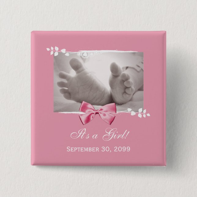 Its a Girl Baby Shower Elegant Birth Announcement 2 Inch Square Button (Front)