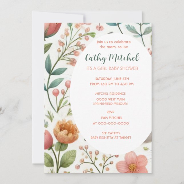 Its A Girl Baby Shower Floral Invitation (Front)