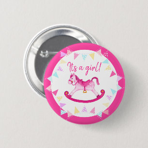 It's a girl baby shower gender reveal hobby horse 2 inch round button