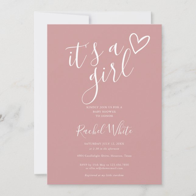 It's A Girl Baby Shower Heart Dusty Rose Pink Invitation (Front)