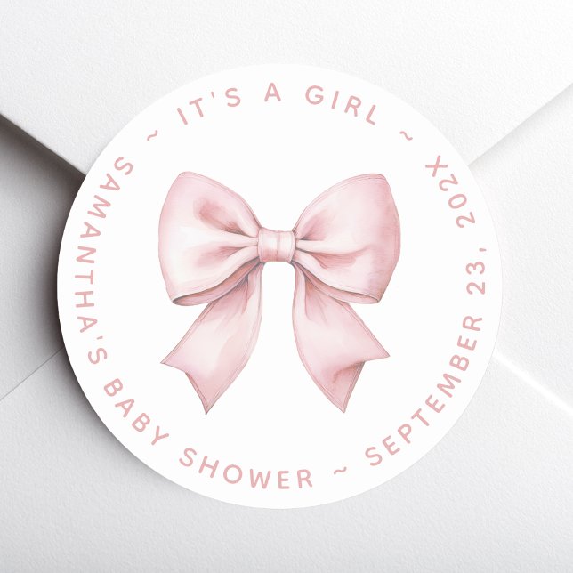 It's a Girl Baby Shower Pink Bow Classic Round Sticker (Creator Uploaded)