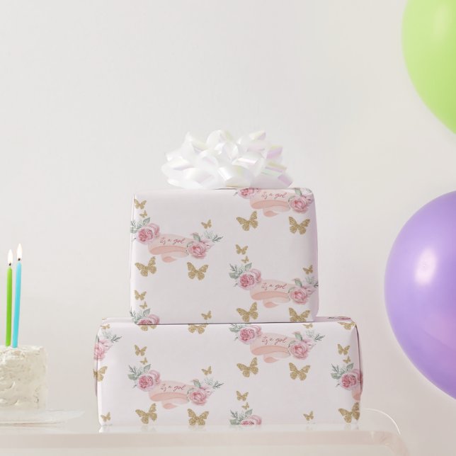 It's a Girl Baby Shower Pink Roses and Butterflies Wrapping Paper (Party Gifts)