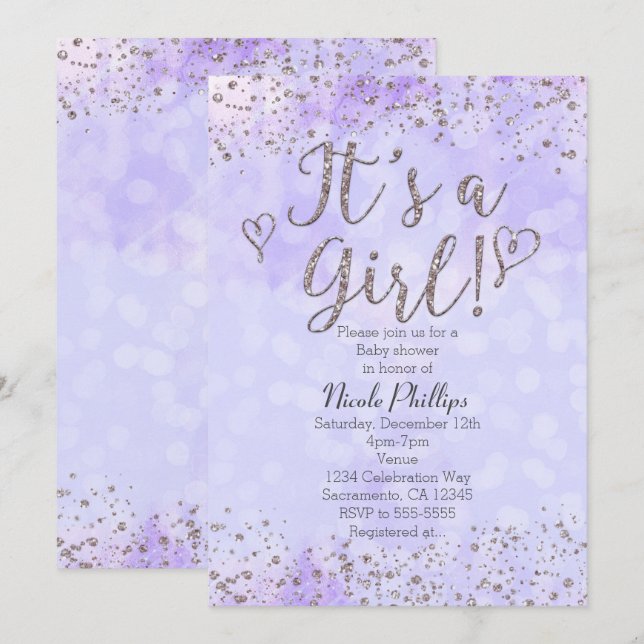 It's a Girl Baby Shower Purple & Silver Invitation (Front/Back)